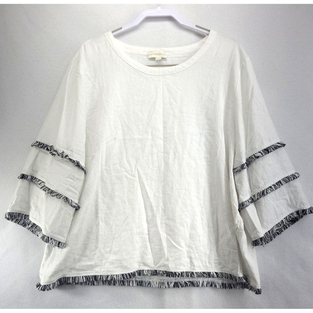 Cynthia Rowley Blouse Womens Plus 2X White Linen Blend Fringe Top Flutter Sleeve
